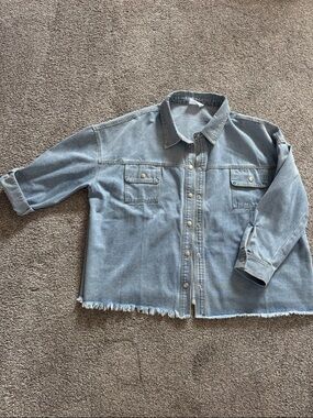 Light Wash Denim Smiley Face Shacket with Frayed Hem